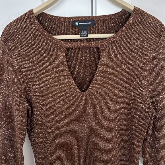 I.N.C International Concepts Brown Bronze Metallic Keyhole Blouse Top Size L - Picture 4 of 9